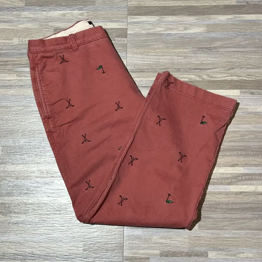 J Crew Mens Chino Pants 34x30 Pink Straight Fit Golf Club / Flag Embroidery